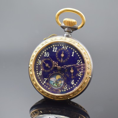 Offene Herrentaschenuhr mit Vollkalender und Mondphase in Stahl, Schweiz um 1890, brüniertes Geh., verg. Ränder aufwendig verziert, rücks. schwarz ...