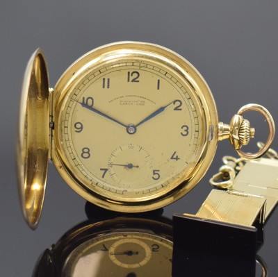 A. LANGE & SÖHNE -OLIW- Herrensavonette in GG 585/000 an GG 585/000 Chatelaine, Deutschland um 1935, glattes 3-Deckel Goldgeh., gold. ...