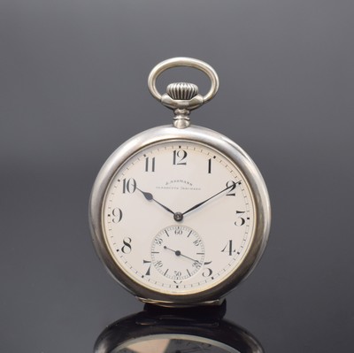 J. ASSMANN große offene Silbertaschenuhr, Deutschland um 1920, glattes Geh. dell., 2- tlg. Emailzifferbl. riss., arab. Zahlen, gebl. Birnenzeiger, ...