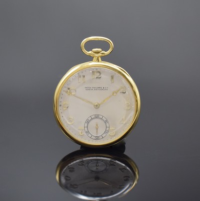 PATEK PHILIPPE & Cie offene Frackuhr in GG 750/000, Schweiz um 1925, glattes Geh. dell. m. gekürztem Scharnier, matt-silb. Zifferbl. pat., aufges. ...