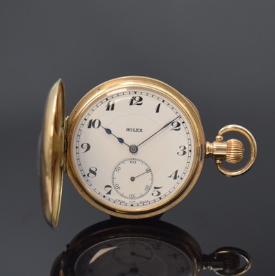 ROLEX Halbsavonette in RG 375/000, Schweiz um 1925, glattes 2-Deckel Goldgeh., Metallcuvette m. Widmungsgrav., Emailzifferbl. riss., arab. Zahlen, ...