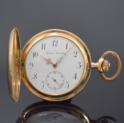 SYSTEM GLASHÜTTE Herrensavonette in RoseG 585/000, Schweiz um 1900, glattes 3-Deckel Goldgeh. dell., Emailzifferbl., arab. Zahlen, kl. Sek. b. 6, ...