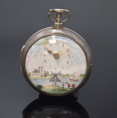 WILIAM HUGGIN Spindeltaschenuhr mit polychrom bemaltem Emailzifferblatt in Silber, London Hallmark 1803, glatte Sterlingsilber-Geh., Übergeh. m. ...