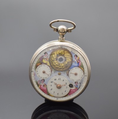 Spindeltaschenuhr mit Tag, Datum und sichtbarer Unruh in Silber, Frankreich/ Schweiz um 1820, glattes Geh. dell., gerippter Rand, polychrom bemaltes ...