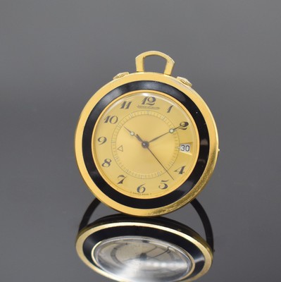 Jaeger-LeCoultre vergoldeter Taschenwecker Referenz 11003, Schweiz um 1965, Handaufzug, aufstellbares Geh., Boden aufgedr., orig. Kronen, gold. ...
