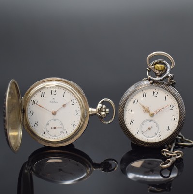 Konvolut: 2 Tulasilber-Taschenuhren, beide Deutschland/Schweiz um 1910, 1 x NOMOS Savonette, Geh. ber., Emailzifferbl. haarr., gold. Birnenzeiger, ...