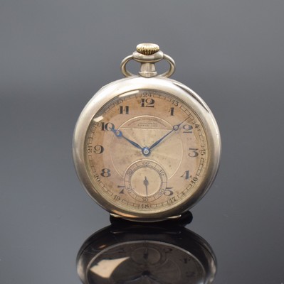 DEUTSCHE UHRENFABRIKATION LANGE-UHR/OLIW offene Silbertaschenuhr, Deutschland um 1928, im Zentrum guill. Metallzifferbl. m. arab. Std. altersbed. ...