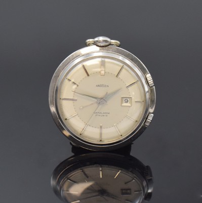 ANGELUS Taschenwecker Datalarm, Schweiz um 1964, Handaufzug, Edelstahl, aufstellbar, Datum bei 3, 17 St., Geh- und Weckwerk getr. Antrieb, ...