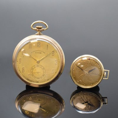 Set bestehend aus LeCoultre vergoldete Anhängeuhr und CYMA vergoldete offene Herrentaschenuhr, LeCoultre Schweiz / USA um 1955, geprägte ...