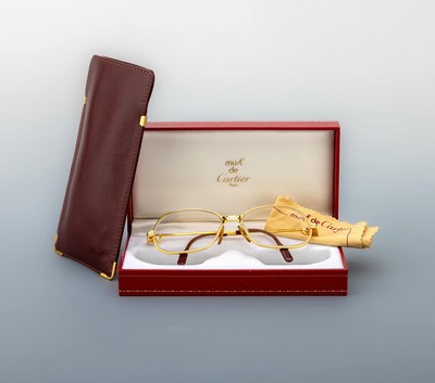 CARTIER Panthere Vintage-Lesebrille, Paris 1989, Metall verg., Nr. E040939, Rahmengröße 130, Bügel mit C Emblemen, sign., orig. Etui und ...