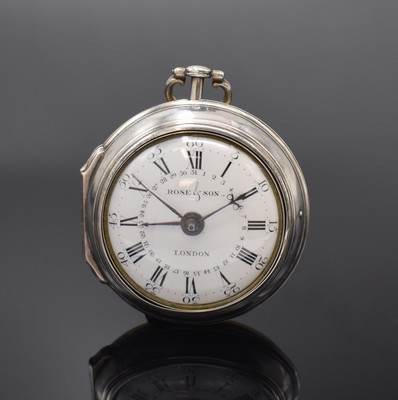 Rose & Son London große frühe Zylinder- Taschenuhr mit Datum im Silber Doppelgehäuse, London Hallmark 1773, glattes Geh. u. Übergeh. l. dell., ...