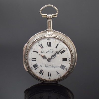 JOHANN NICOLAUS HILTEL Regensburg Spindeltaschenuhr im Silbergehäuse, um 1804, dell. Geh. innen m. Widmung, Großscharnier, Emailzifferbl. ...