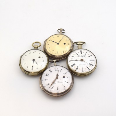 THOMAS WHITT London und JOHN WARD sowie 2 weitere Spindeltaschenuhren, England um 1800, 2x Nickel, 2x Silber, Gehäuse dell., teils Großscharniere, ...