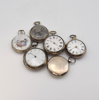 EARDLY NORTON London sowie 4 weitere Spindeltaschenuhren und 1 Gehäuse, 1x Frankreich u. 4x England um 1780-1840, alle Silber, Gehäuse ...