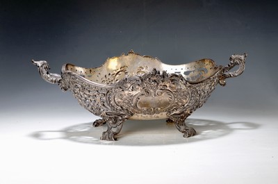 Große Doppelhenkelschale, Gebrüder Friedländer, um 1900, 800er Silber, Wandung mit Durchbrucharbeit, auf vier Rocaillenfüssen stehend, reich ...