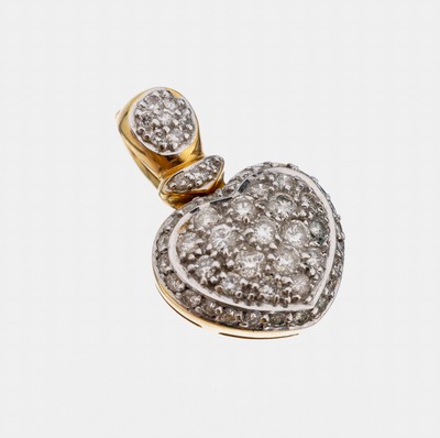 14 kt Gold Brillant-Clipanhänger "Herz", GG/WG 585/000, 52 in WG gefasste Brillanten zus. ca. 1.0 ct Weiß-l.get.Weiß/p, L. ca. 2.5 cm, ...