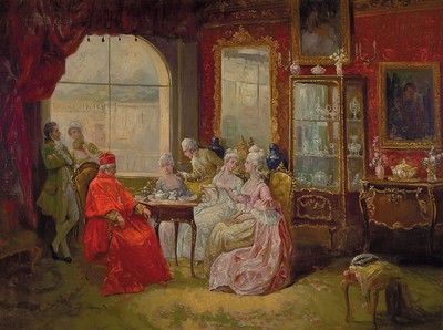 August Stephan, 1868 - 1936, Besuch beim Kardinal, vielfigurige Genreszene, detailreiche Aufzählung der Einrichtung, Öl/Platte, 73 x 98 cm, Rahmen ...