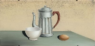 Yves Siffer, elsässischer Maler, geb. 1950, Hinterglasmalerei, Stilleben mit Kanne, Koppchen und Ei, bez. "une cafetiére, un bol et un ...