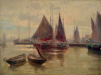 Adolf Rheinert, 1880-1958 Düsseldorf, Fischerboote im Hafen, Öl/Lwd, rechts unten sign., ca. 60x80cm