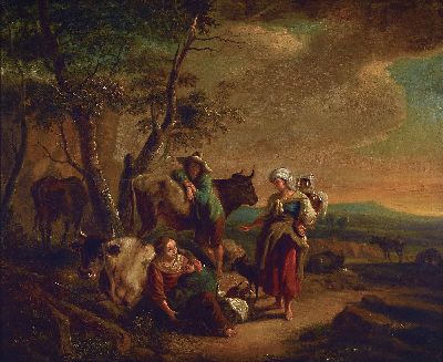 Nicolaes Pieterz. Berchem, 1620 Haarlem-1683 Amsterdam, Italienische Landschaft mit Vieh und rastenden Personen am Wegrand, Öl/Holz, fast mittig ein ...