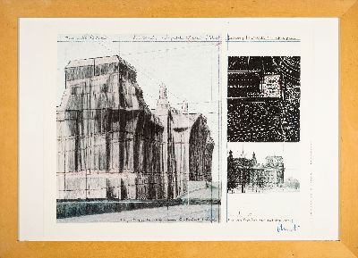 Christo und Jeanne-Claude, Wrapped Reichstag, Farboffset, handsign. ca. 65x82cm, u.Gl., R. ca. 79x109cm