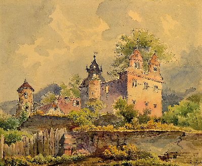 Lina von Baur, Malerin der 2. Hälfte des 19. Jh., 2 Aquarelle: Stadtansicht mit Kathedrale, links unten monogr. und dat. 64, ca. 18x15.5cm, u.Gl., ...