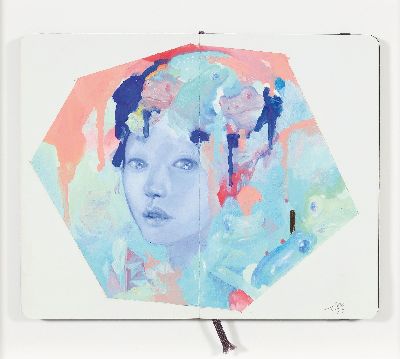So Youn Lee, Stars Aquarelle, bemaltes Doppelblatt im Skizzenbuch, Gouache/Papier, sign., dat. 13, 21 x 26 cm, Galerierahmung unter Glas, ca. 40 x 50 ...
