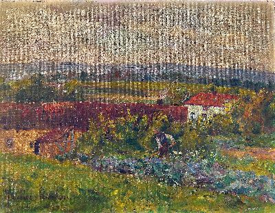 Peter Paul Müller-Werlau, 1864 Werlau/St.Goar -1945, Landschaft, im Garten arbeitet ein Mann, Öl/Lwd/Malkarton, links unten sign., leicht blasig, ...