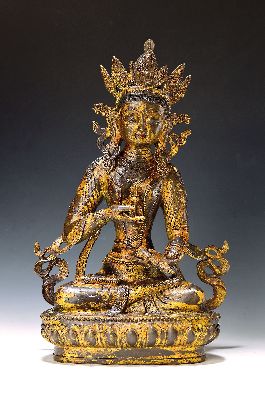 Tathagata Vajrasattva - Der Reinigende Buddha mit Glocke und Vajra in den Händen, China, 2.Hälfte 20.Jh., Kupferlegierung vergoldet, Rückseite ...