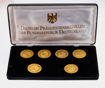 Set 6 Goldmünzen "Die sechs Präsidentenmedaillen der Bundesrepublik Deutschland", GG 999/000 gepr., Richard von Weizsäcker, Heinrich ...