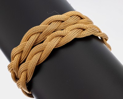 18 kt Gold Armband, GG 750/000, aufwendige Flechtarbeit, B. ca. 2.4 cm, L. ca. 19.5 cm, Kastenschloss mit 2 Sicherheitsachten, ca. 48.9 g