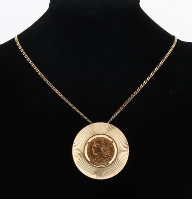 8 kt Gold Münz-Anhänger, GG 333/000, rund, lose gefasste Goldmünze, Vreneli, Schweiz, 1918, D. ca. 3.9 cm, an Kette, GG 333/000, L. ca. 80 cm, ...