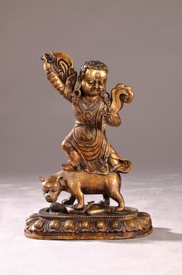 Altarskulptur des zornvollen Guru, Dorje Drolod, Nepal, 20. Jh.,, Kupferlegierung, vergoldet, eine der Acht Emanationen des Padmasambhava, auf einer ...