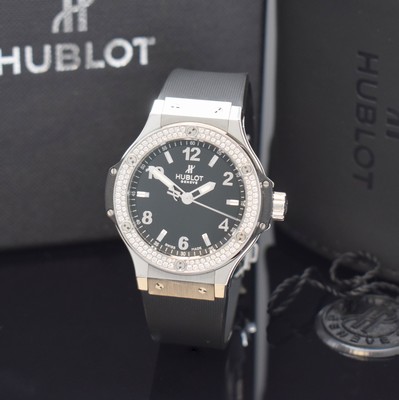 HUBLOT Big Bang Armbanduhr in Stahl mit original Diamantbesatz Referenz 361.SX.1270.RX.1104, Schweiz um 2014, quarz, Boden 6-fach verschr., quarz, ...