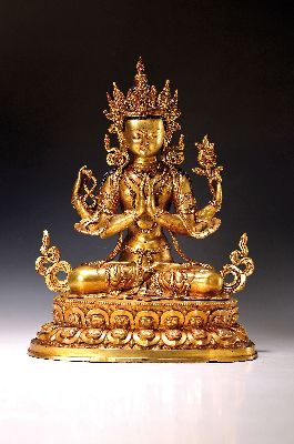 Avalokiteshvara Shadakshari - der Bodhisattva der Sechs Silben - Om Ma Ni Pad Me Hum, Nepal,20.Jh., Kupferlegierung, feuervergoldet, Steinbesatz, mit ...