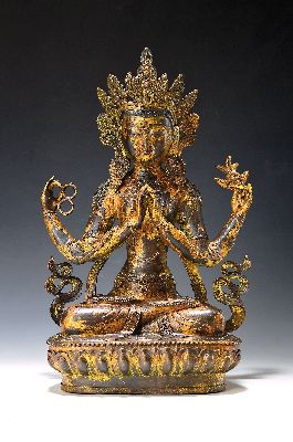 Vierarmiger "Bodhisattva des Mitgefühls" Avalokiteshvara-Shadakshari, Nepal, 20.Jh. , Kupferlegierung, feuervergoldet, H. ca. 45 cm
