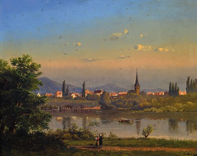 Johannes Jan Cornelis Mali, 1828 Darthuizen/Utrecht-1865 München, Dorfansicht nebst Flusslauf in oberbayerischer Landschaft, Figurenstaffage, rechts ...