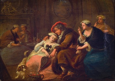 Johann Christian Fiedler, 1697 Pirna-1768 Darmstadt, zwei Genres: Interieur mit zwei Frauen einen Edelmann bestehlend, Interieur mit Trinkgelage, je ...
