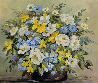 Joos, Künstler des späten 20.Jh., Blumenstillleben, rechts unten signiert und datiert 1986, Öl/Lwd, Rahmen 63x73 cm