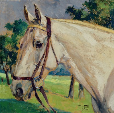 T.H. VEIT, datiert 1932,, Pferdebildnis, Kopf eines Schimmels, rechts unten signiert und datiert 1932, Öl/Malpappe, 38x37 cm, Rahmen 52x50 cm