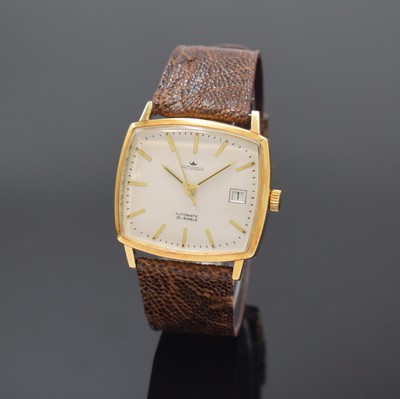 AMARA Herrenarmbanduhr in GG 585/000, Schweiz um 1975, Automatik, Boden aufgedr., silb. Zifferbl. rest., gold. Std.-Ind., gold. Zeiger, Datum b. 3, ...