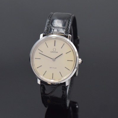 OMEGA De Ville Armbanduhr in Stahl Referenz 111.0107, Schweiz um 1975, Handaufzug, Boden u. Glasrand aufgedr., neutr. Lederband m. orig. Dornschl., ...