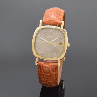OMEGA De Ville Armbanduhr in GG 375/000, Schweiz um 1970, Automatik, Boden aufgedr., grau-silb. Zifferbl. m. aufgel. Std.-Ind., weiße Zeiger, gold. ...