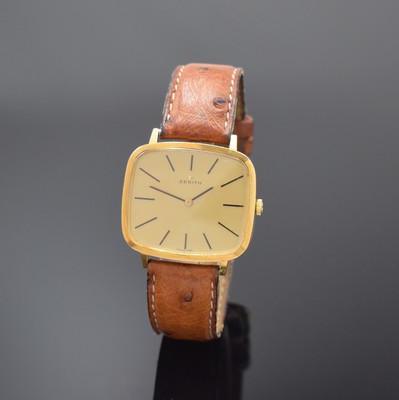 ZENITH Armbanduhr in GG 750/000, Schweiz um 1975, Handaufzug, Boden aufgedr., champagnerfarb. Zifferbl. dell., aufgel. Std.-Ind., geschw. Zeiger, ...