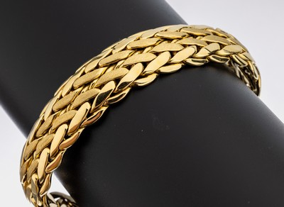 14 kt Gold Armband, GG 585/000, Oberfläche z.T. mattiert und poliert, L. ca. 21 cm, B. ca. 1.8 cm, Kastenschloss mit 2 Sicherheitsachten, ca. 55.4 ...