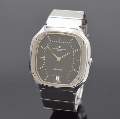 BAUME & MERCIER Armbanduhr Referenz 4100, quarz, Schweiz um 1985, Edelstahlgeh. inkl. Gliederband m. Faltschl., Boden aufgedr., schwarzes Zifferbl., ...