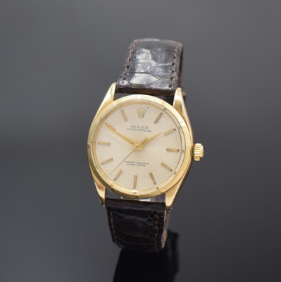 ROLEX Armbanduhr Oyster Perpetual 34 Referenz 1003 in GG 585/000, Schweiz um 1960, Automatik, Chronometer der Superlative inkl. Lederband m. orig. ...