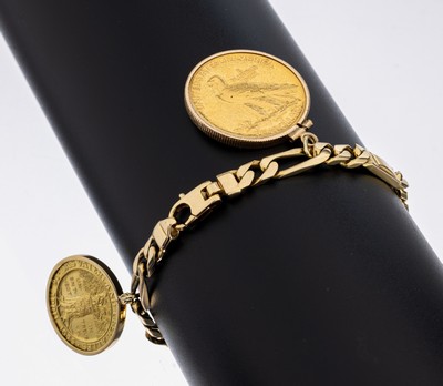 14 kt Gold Münz-Armband, GG 585/000, 1 Abhängung 10 Dollar 1907, Indian Head, 1 Abhängung Gedenkmedaille Reichspräsident von Hindenburg ...