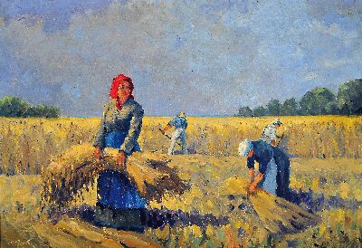 August Broberg, 1887-1973 Hamburg, Bei der Getreideernte, Öl/Lwd, links unten signiert, ca. 70x100cm, R. ca. 90x120cm