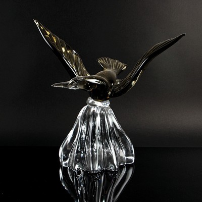 Glasskulptur Möwe, Alfredo Barbini, Murano, grün und blau getöntes Glas, schwere Qualität,am Boden signiert, H. 40 cm